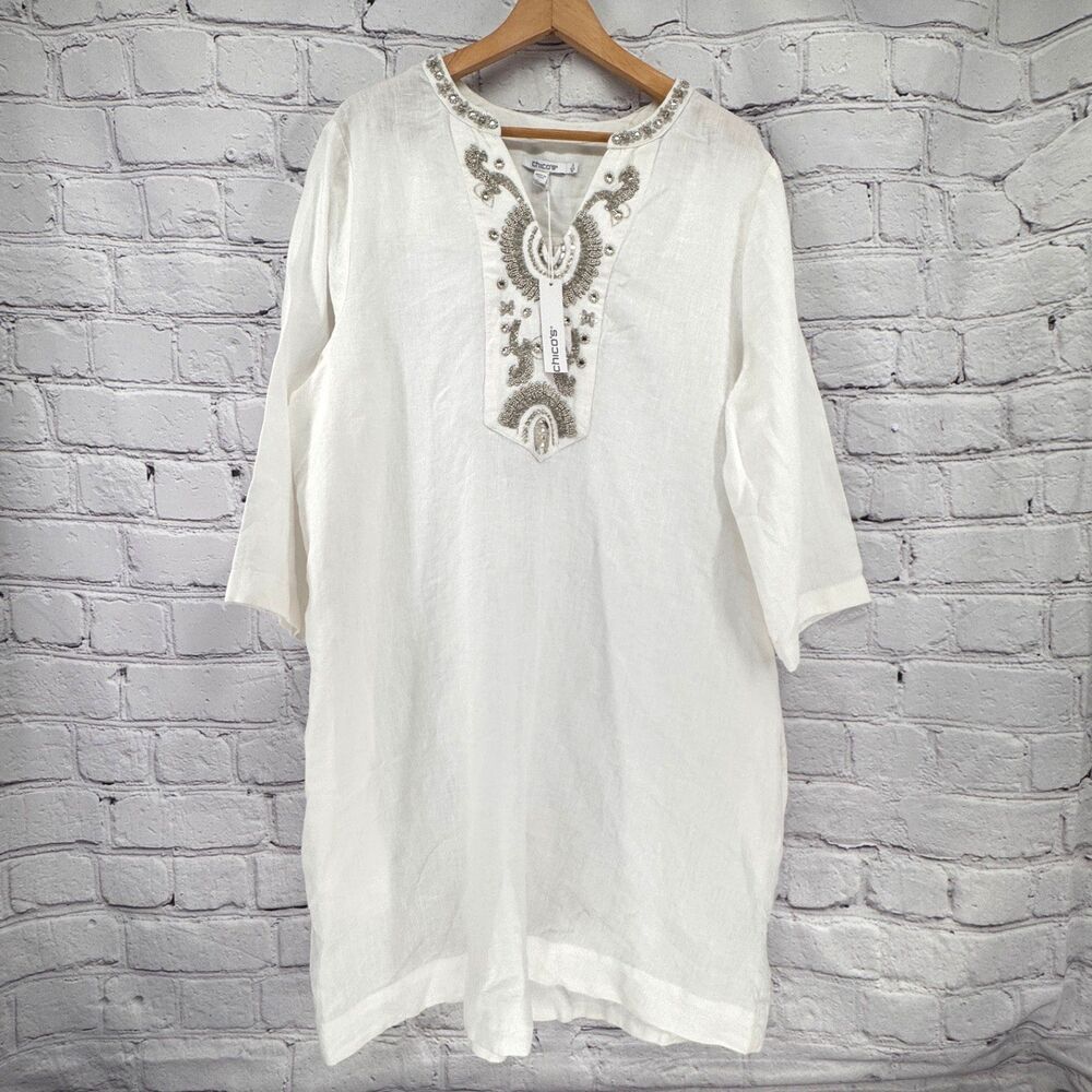 NWT Chico’s Size 3 (16) Linen Embellished Dress White